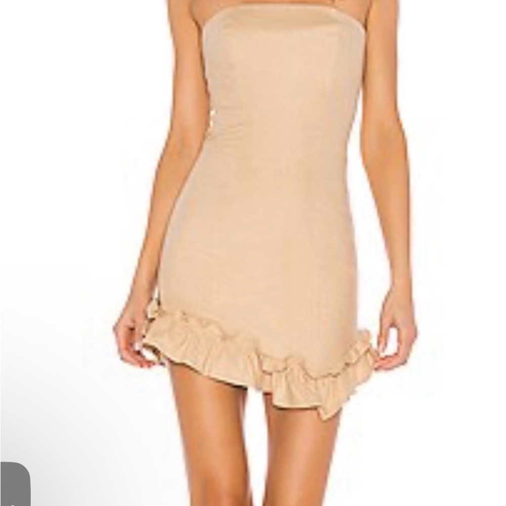 Lovers + Friends Strapless Ruffle-Hem Mini Dress in Beige